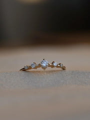 0.11 carat round cut lab grown diamond dainty engagement ring in E/VS1 clarity, set in a slim gold band with prong setting
