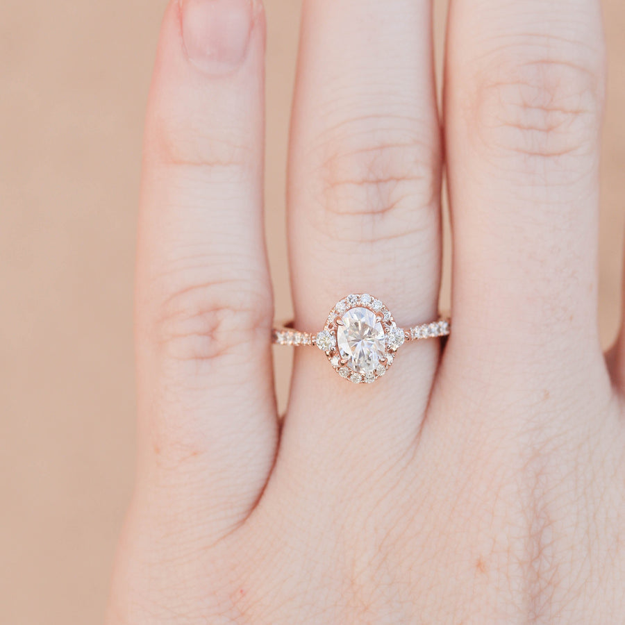 0.84 CT Oval Cut Halo & Pave Moissanite Engagement Ring