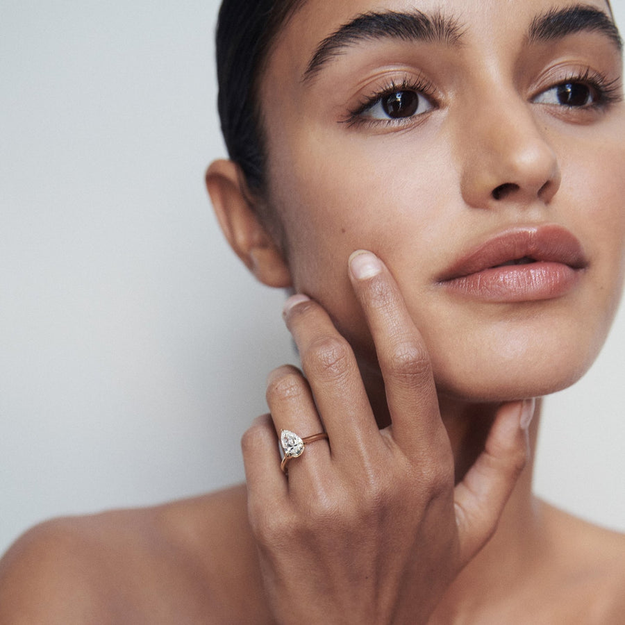 Pear cut lab grown diamond solitaire engagement ring, 1.5 to 3.5 carats, set in elegant prong setting on polished gold band