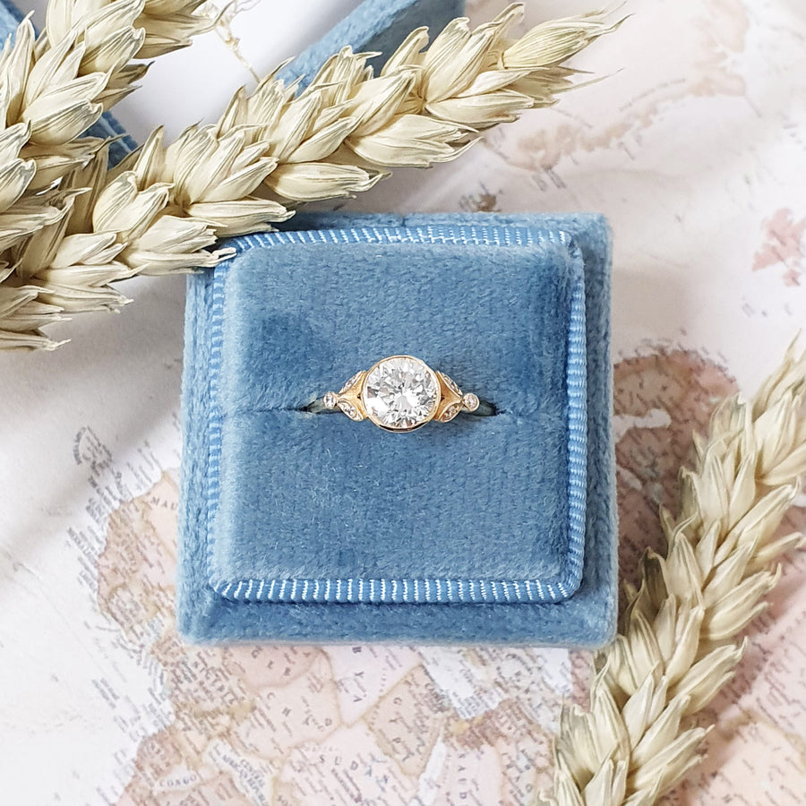 1.0- 3.0 CT Round Cut Bezel Style Lab Grown Diamond Engagement Ring + 0.59 ct round - E VS1