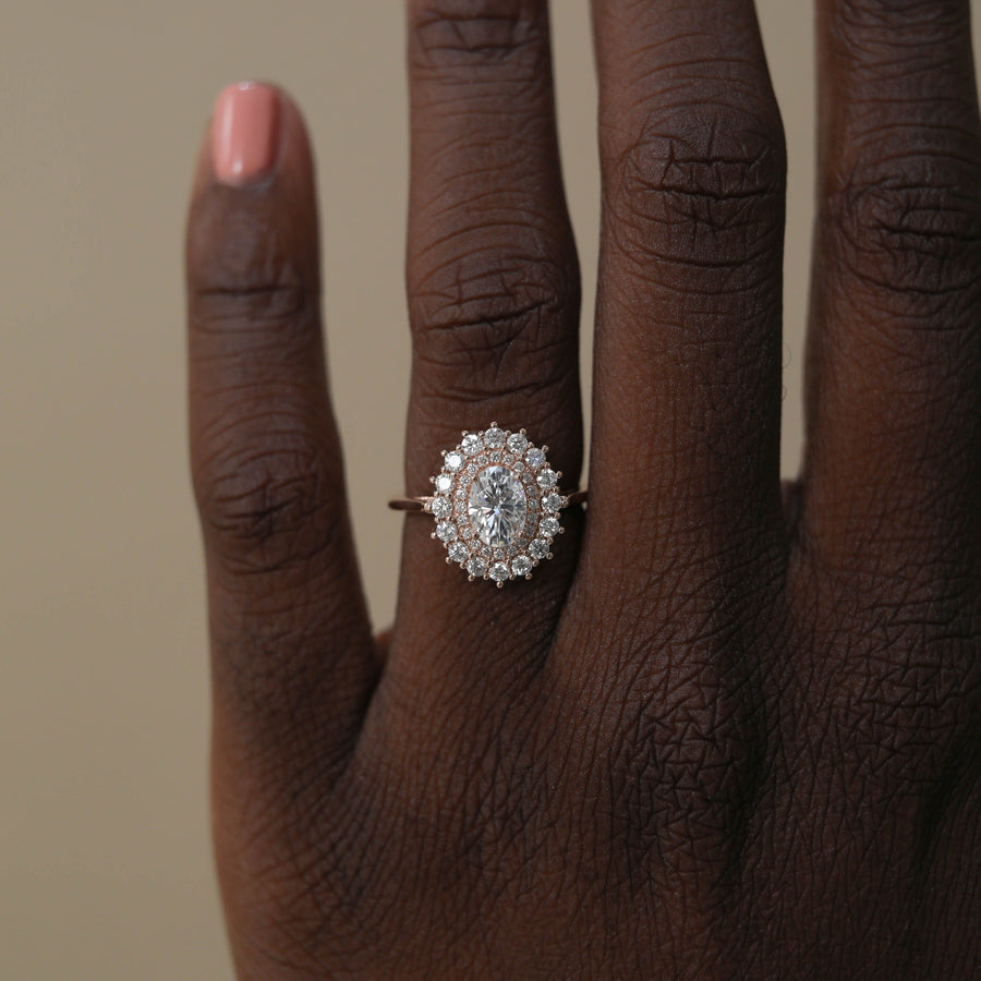 0.84 CT Oval Cut Double Halo Moissanite Engagement Ring