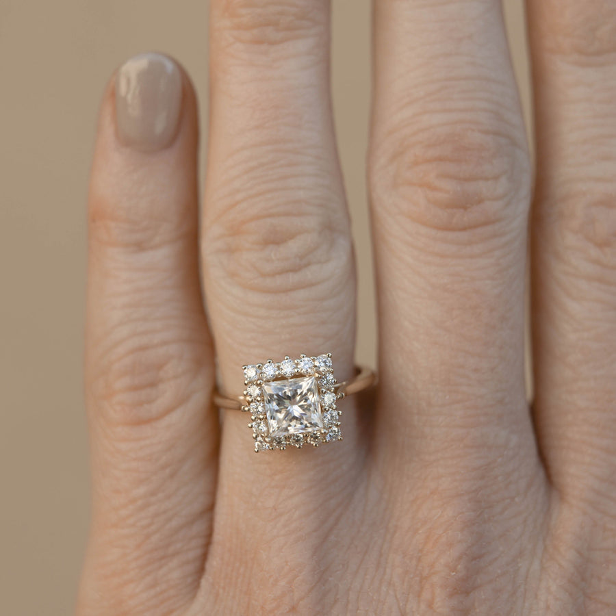 1.07 CT Princess Cut Halo Moissanite Engagement Ring