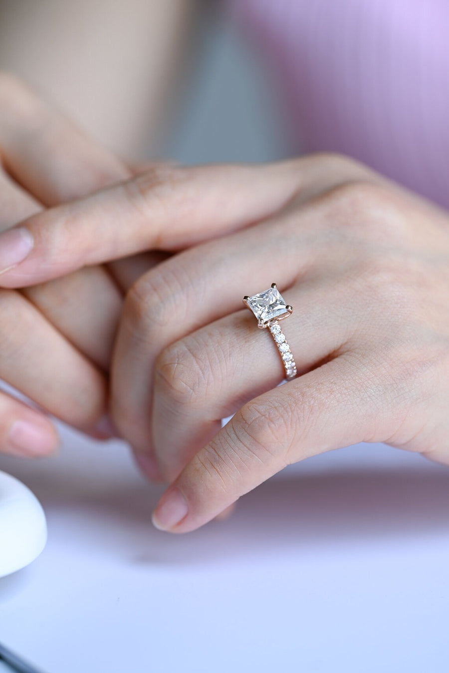 2.0 CT  Princess Cut pave Moissanite Engagement Ring