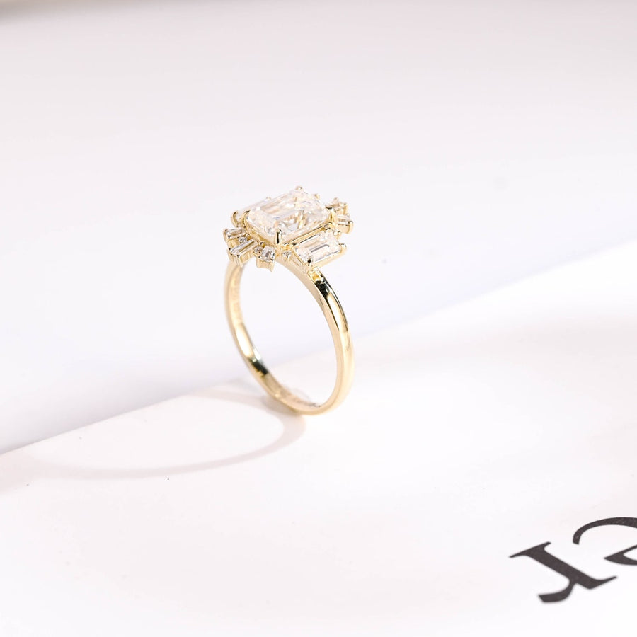 2.0 CT  Emerald Cut Cluster Moissanite Engagement Ring