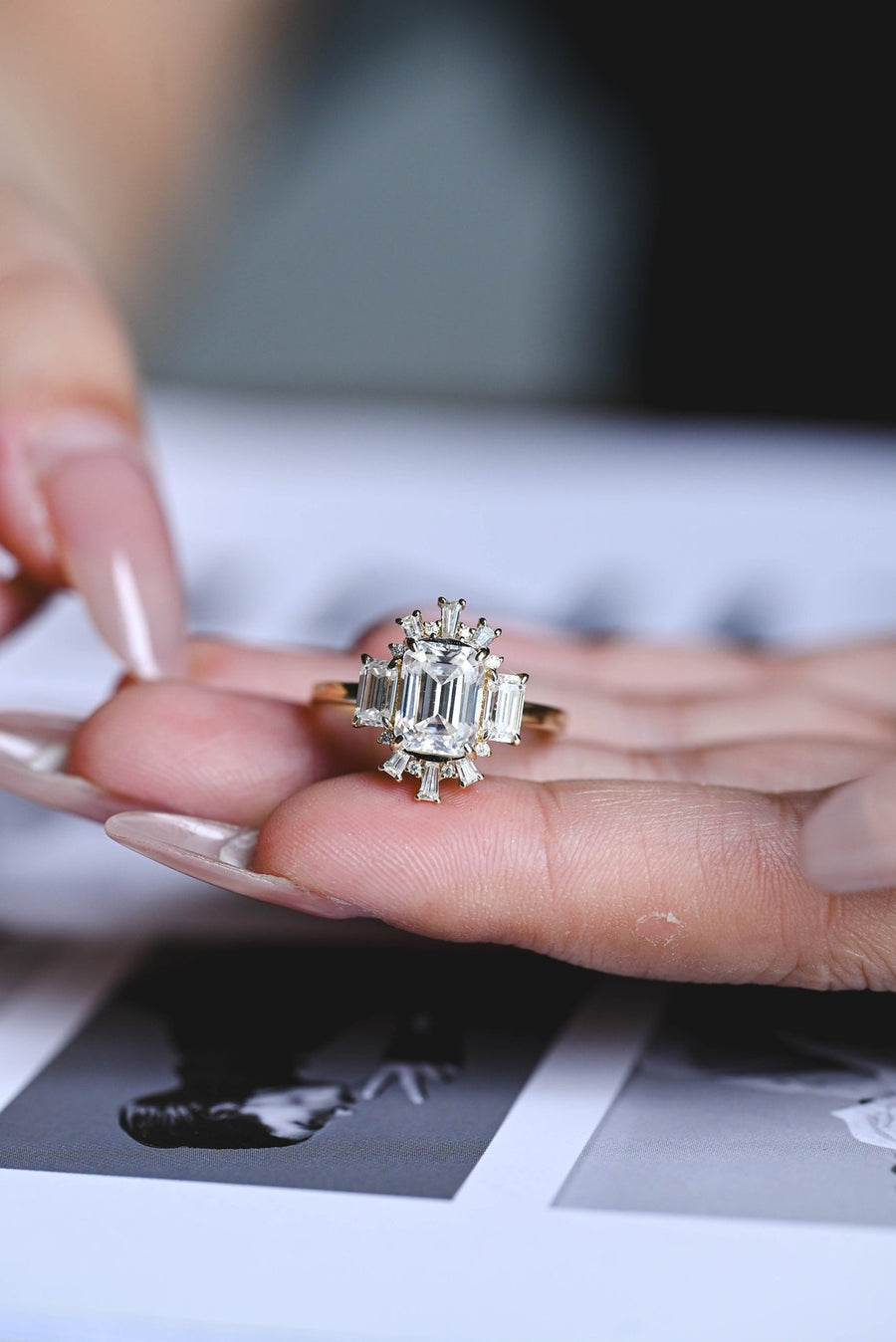 2.0 CT  Emerald Cut Cluster Moissanite Engagement Ring