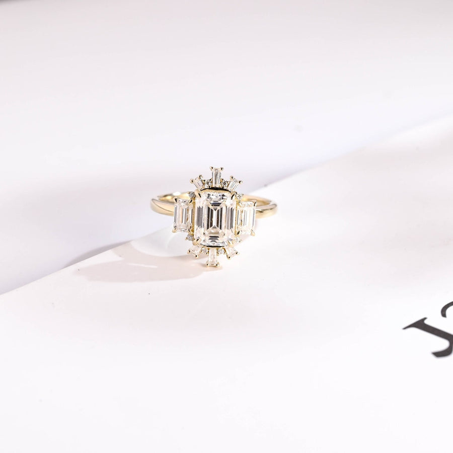 2.0 CT  Emerald Cut Cluster Moissanite Engagement Ring