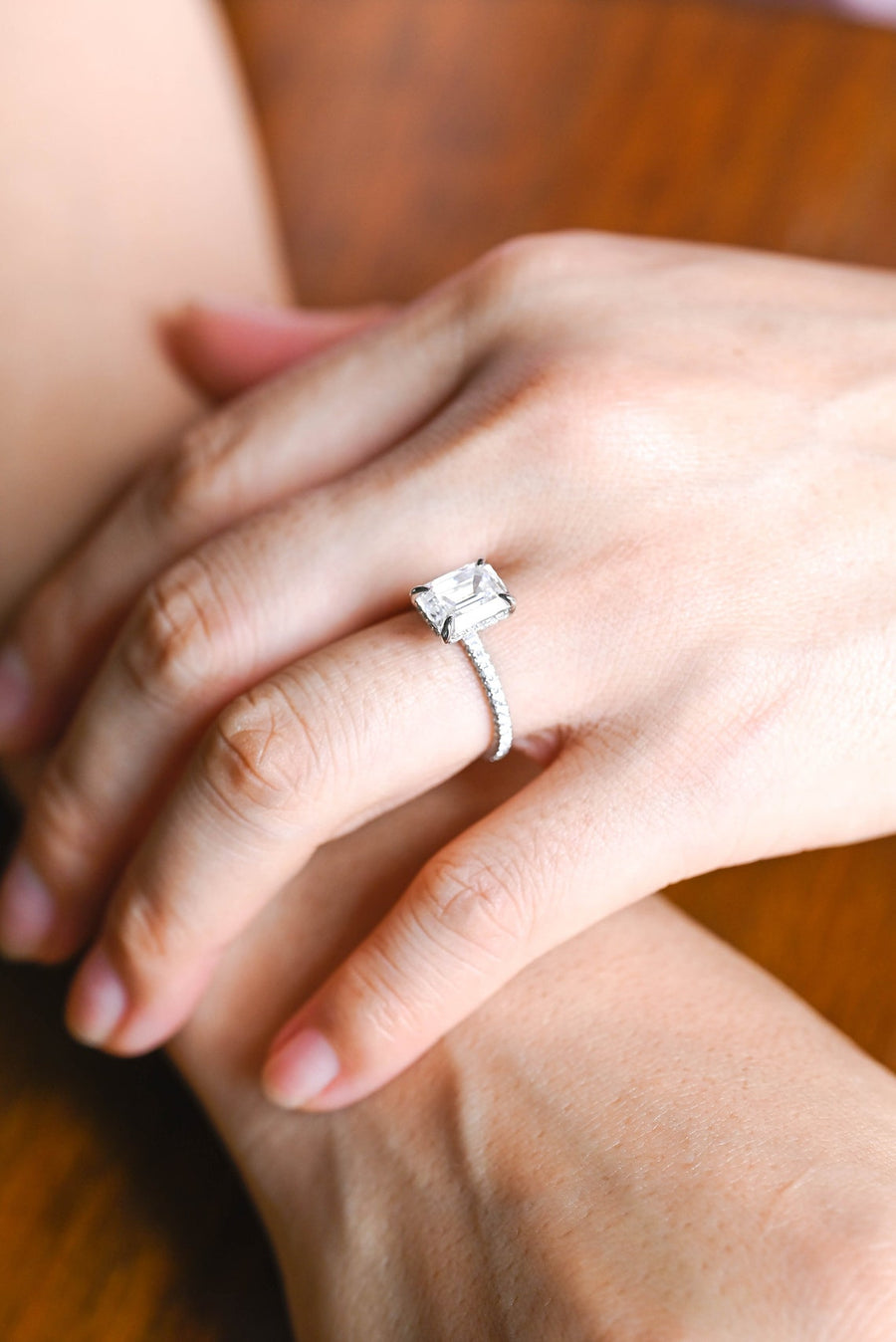 3.0 CT Emerald Cut Hidden Halo Moissanite Engagement Ring