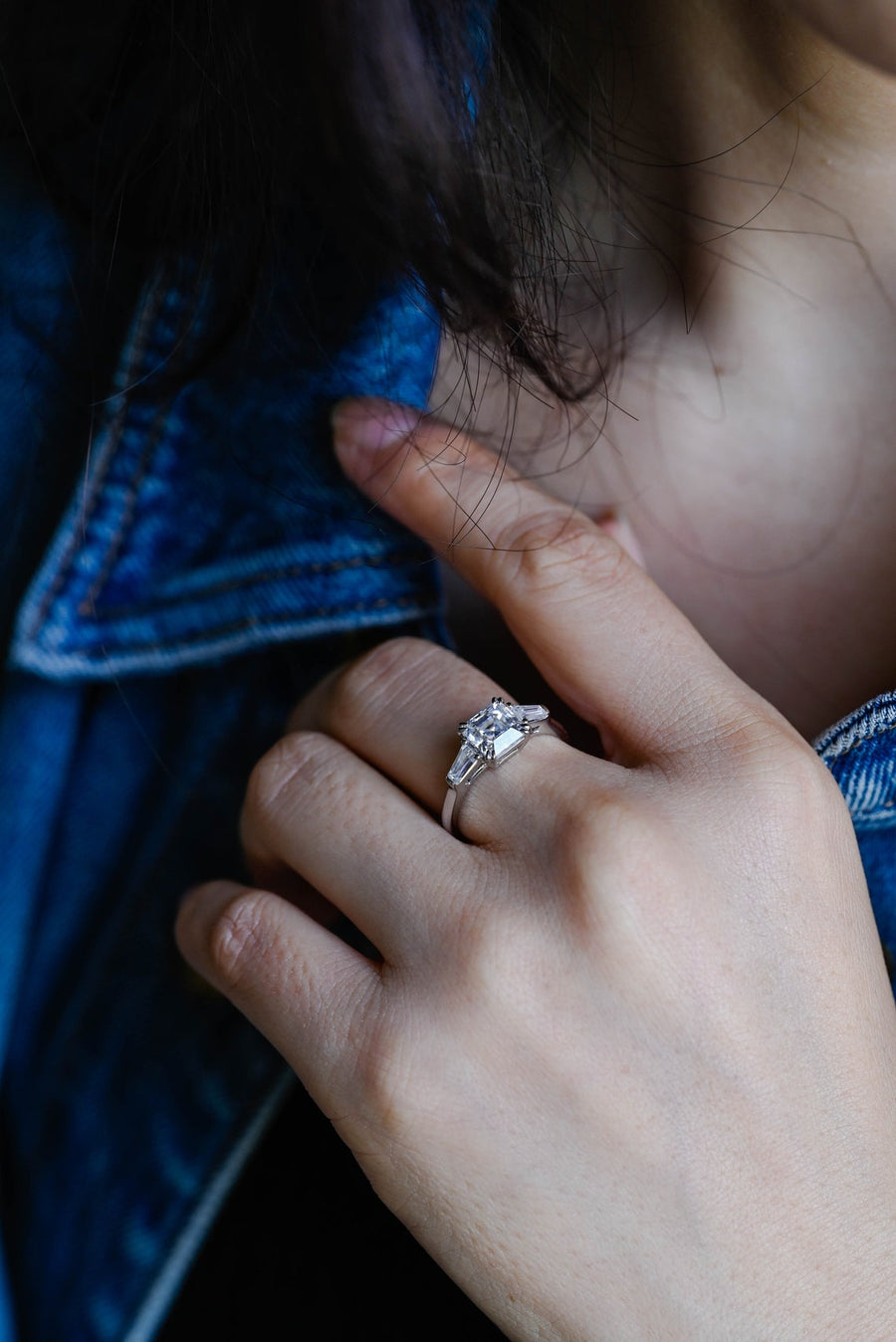 2.0 CT Asscher Cut Three Stone style Moissanite Engagement Ring