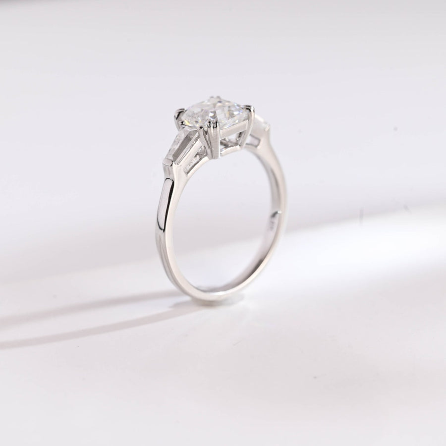 2.0 CT Asscher Cut Three Stone style Moissanite Engagement Ring