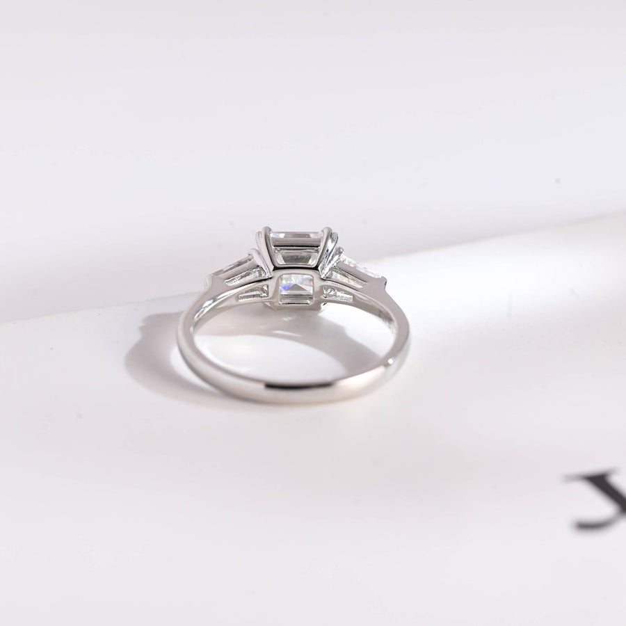 2.0 CT Asscher Cut Three Stone style Moissanite Engagement Ring