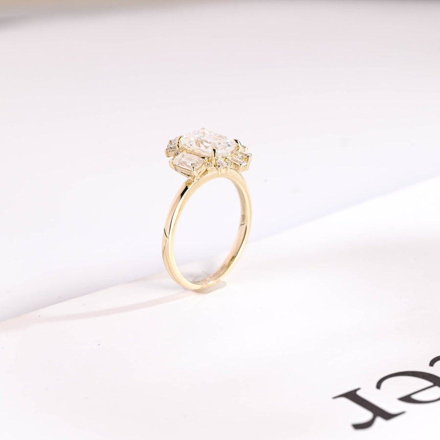 2.0 CT  Emerald Cut Cluster Moissanite Engagement Ring