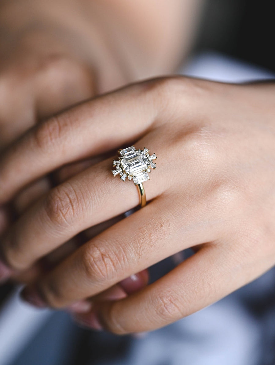 2.0 CT  Emerald Cut Cluster Moissanite Engagement Ring