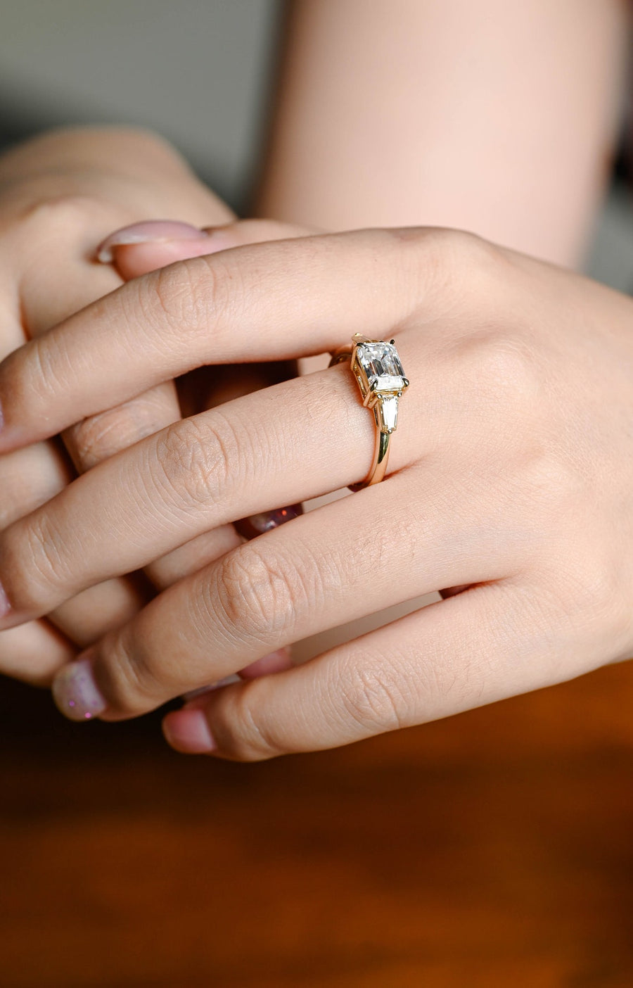 3.0 CT Emerald Cut three stone style Moissanite Engagement Ring