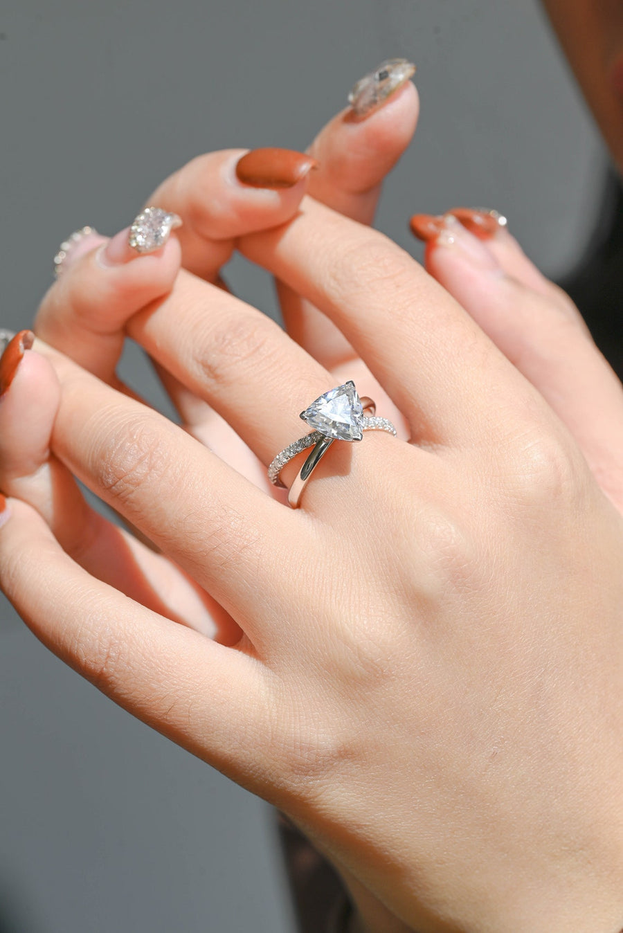 3.0 CT Trillion Cut Split Shank style Moissanite Engagement Ring