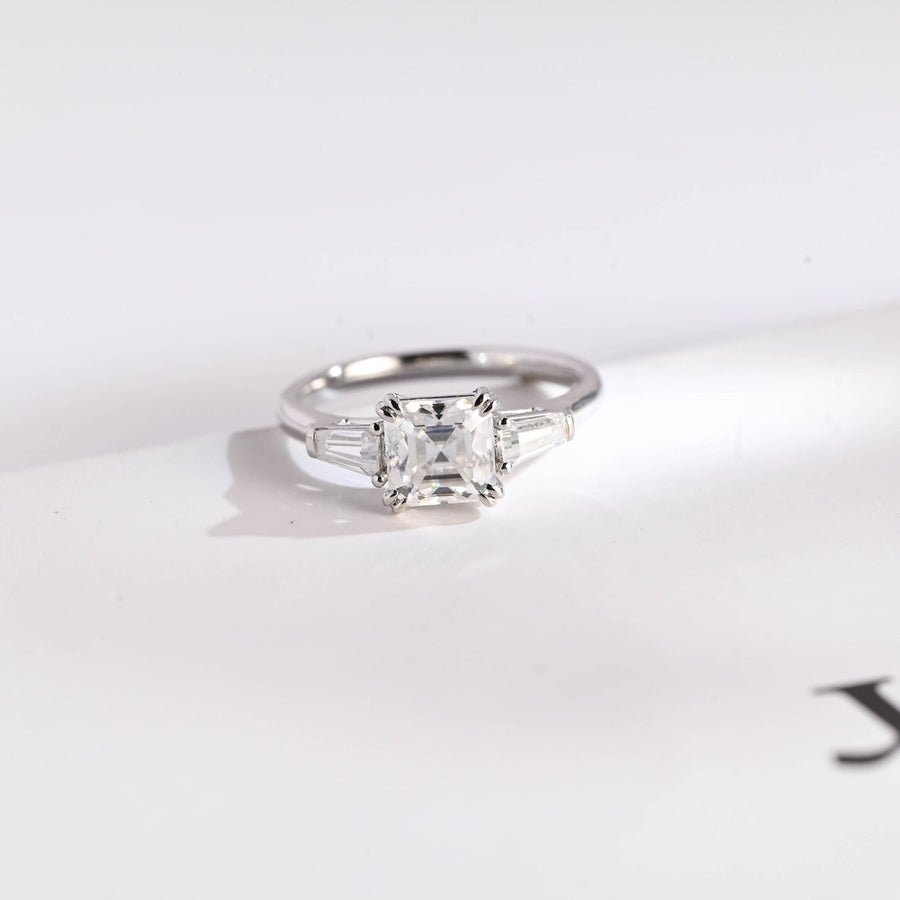 2.0 CT Asscher Cut Three Stone style Moissanite Engagement Ring
