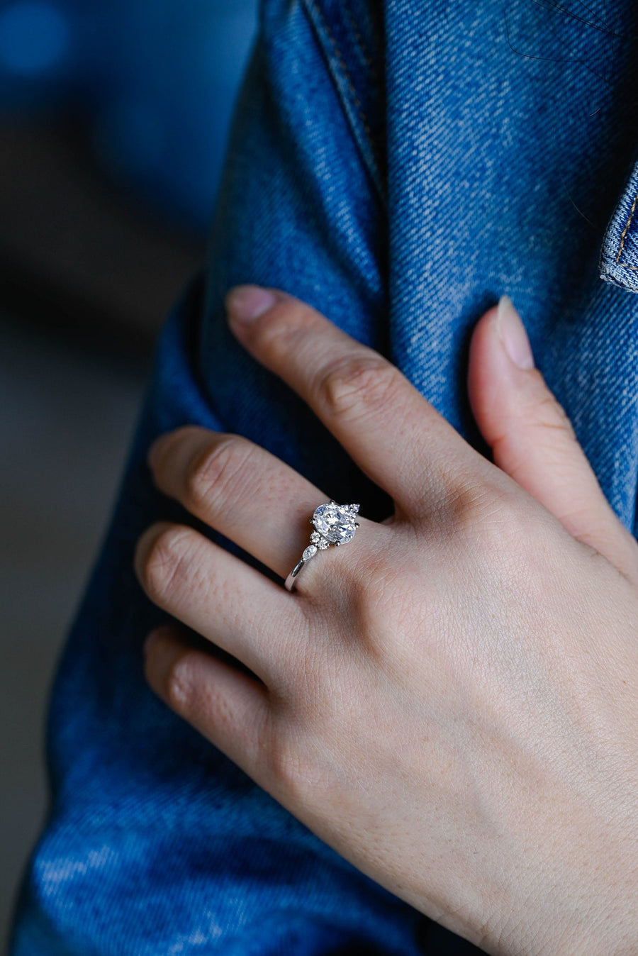 1.0 CT Oval cut Cluster Halo Moissanite Engagement Ring