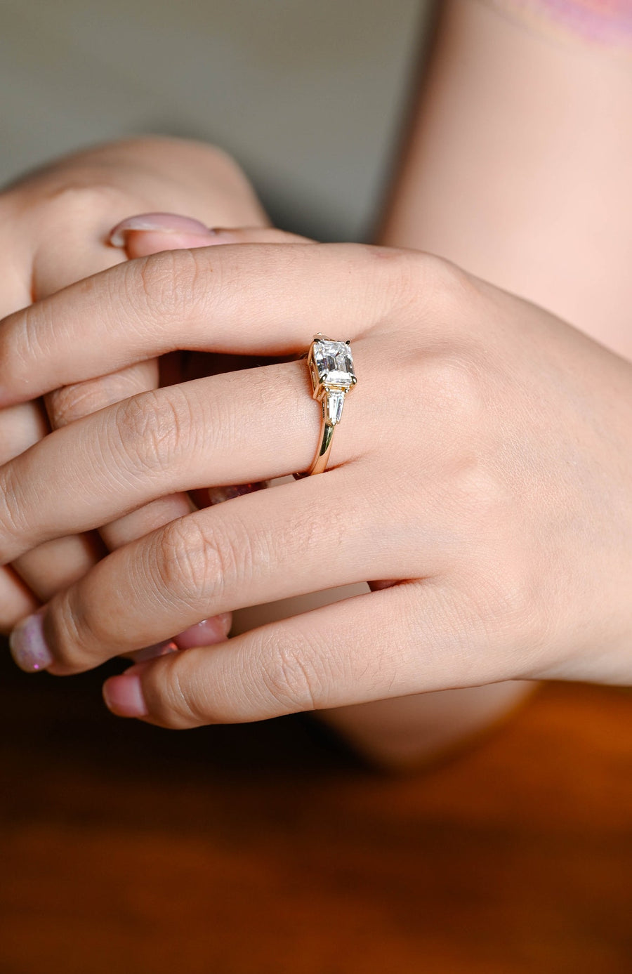 3.0 CT Emerald Cut three stone style Moissanite Engagement Ring