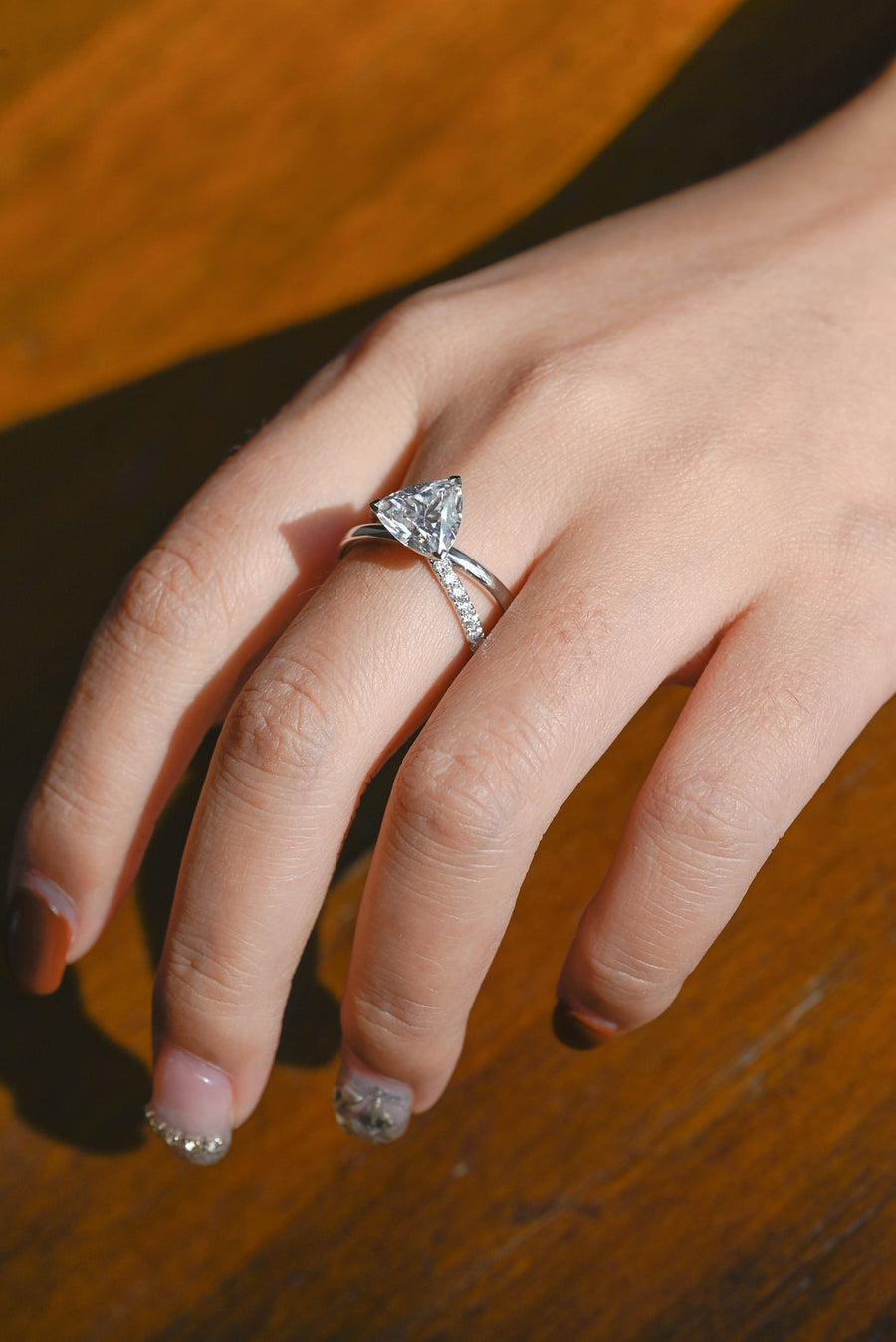 3.0 CT Trillion Cut Split Shank style Moissanite Engagement Ring