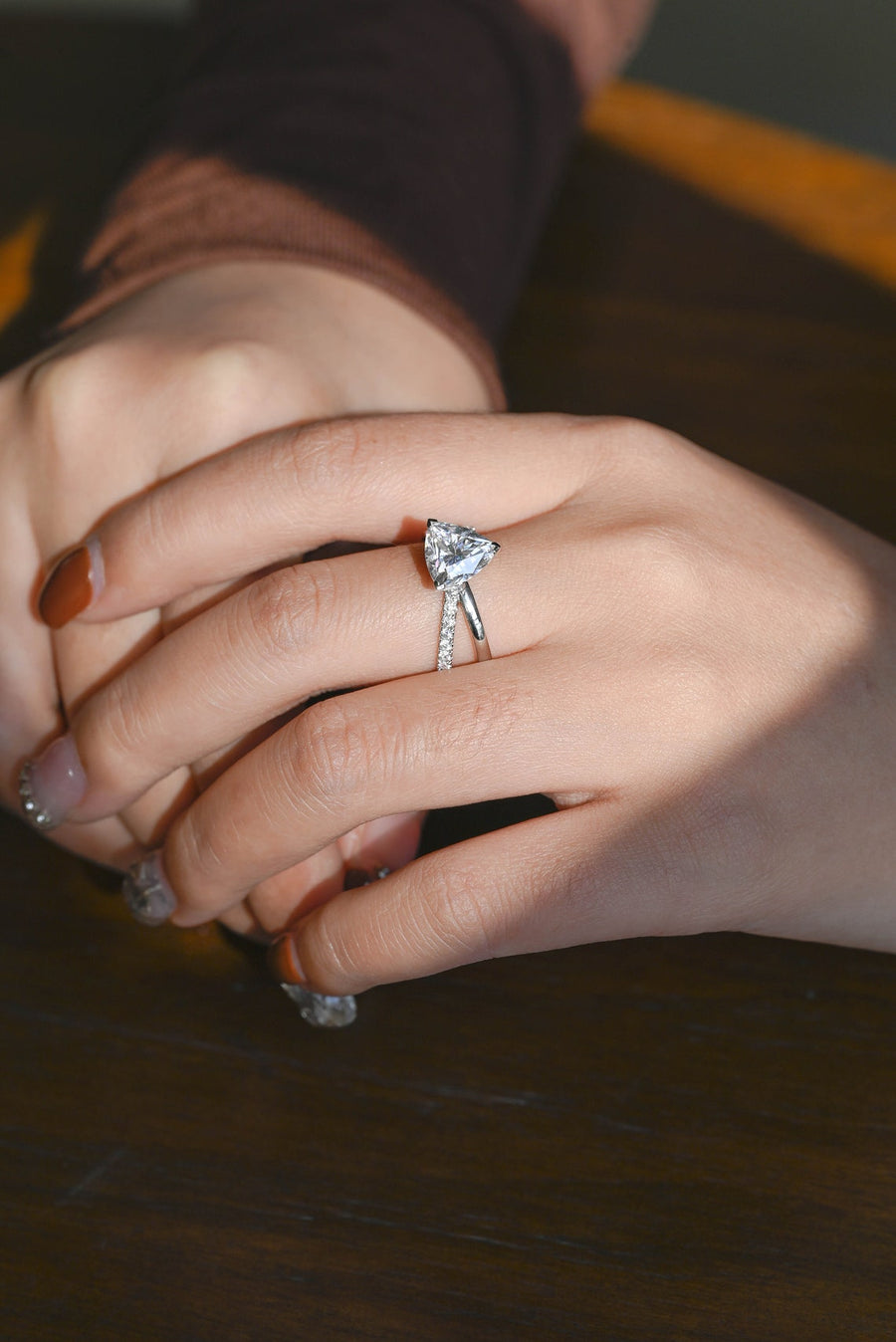 3.0 CT Trillion Cut Split Shank style Moissanite Engagement Ring