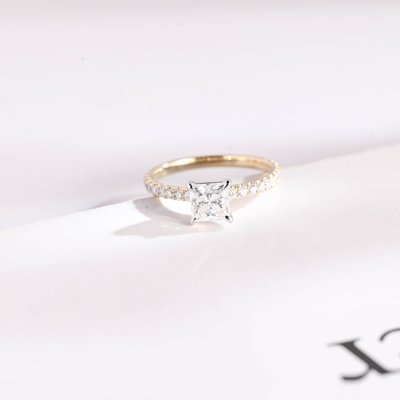 1.0 CT Princess Cut pave style Moissanite Engagement Ring