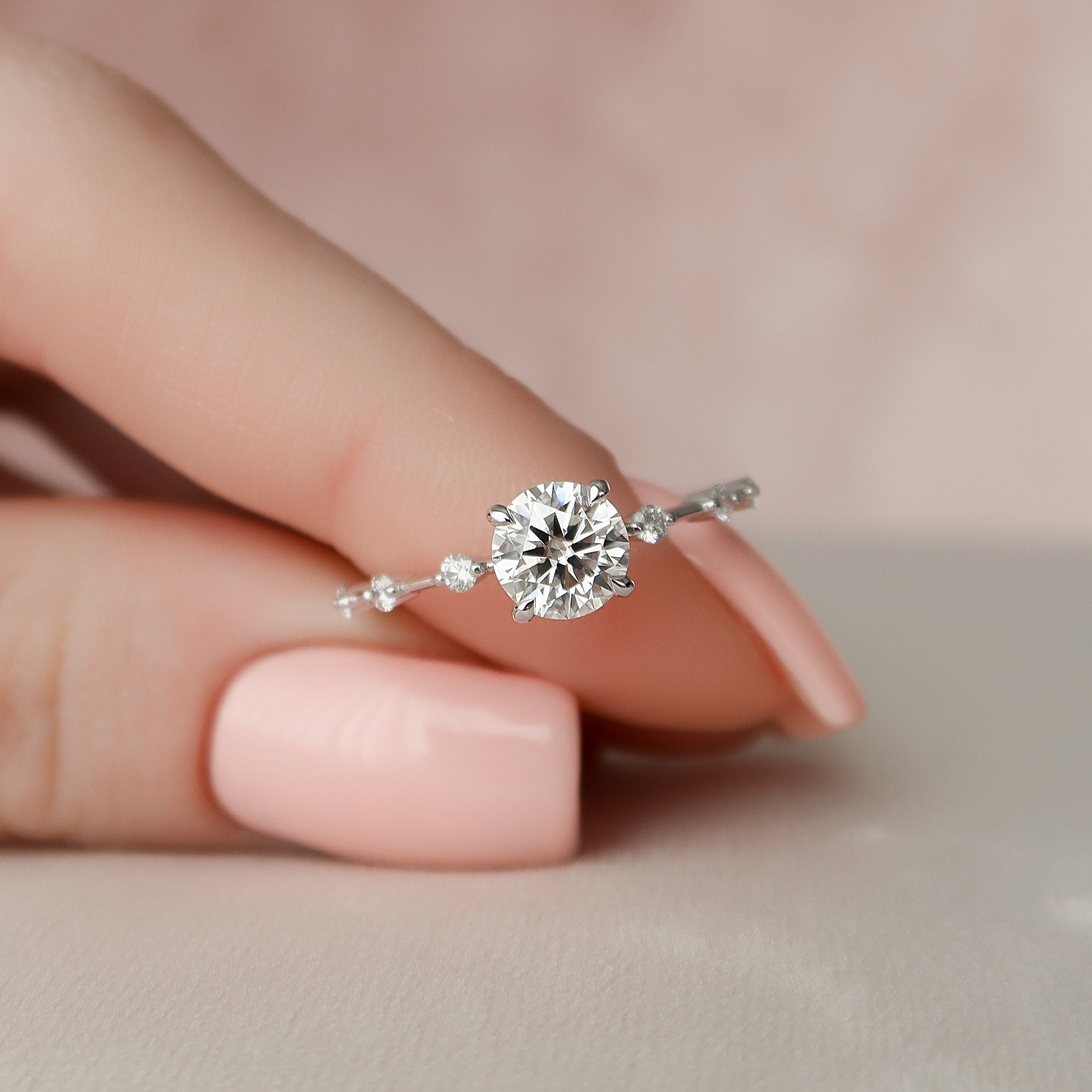 1.0 CT Round Solitaire & Dainty Pave CVD Diamond Ring For Jenise - Barbara Maison 
