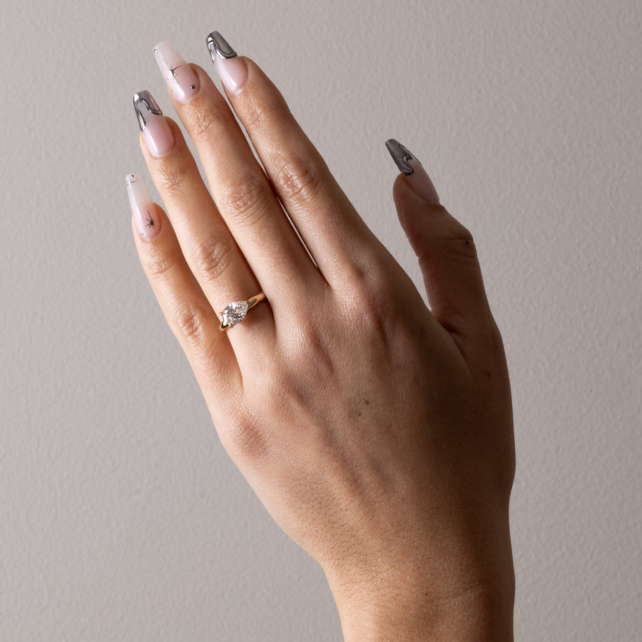 East-west set pear cut lab grown diamond solitaire engagement ring in G/VS1 clarity, 1.58 to 3.58 carats, with sleek prong setting