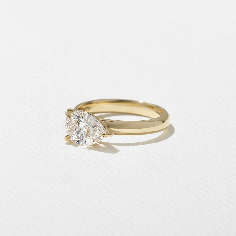 East-west set pear cut lab grown diamond solitaire engagement ring in G/VS1 clarity, 1.58 to 3.58 carats, with sleek prong setting