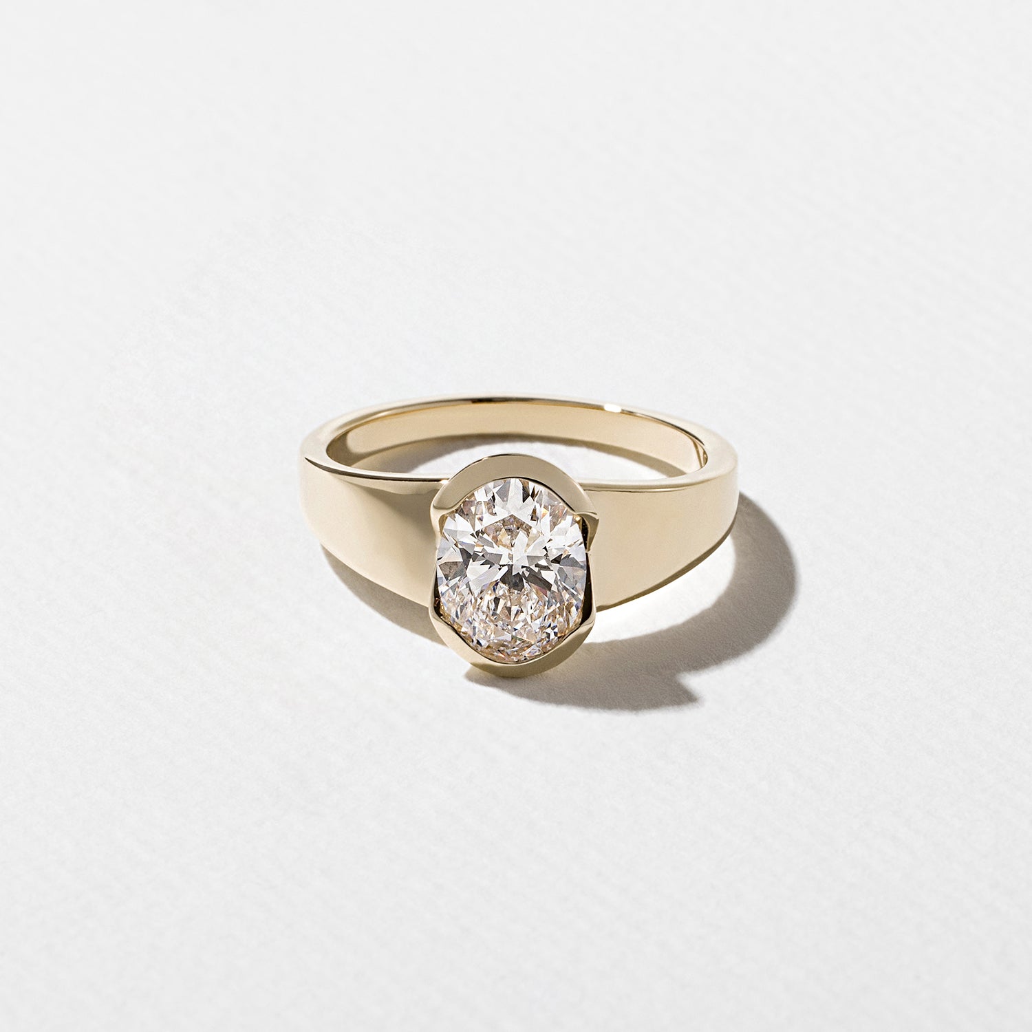 Oval cut CVD lab grown diamond solitaire ring with half bezel setting, G color, VS2 clarity, 1.50–3.50 carat