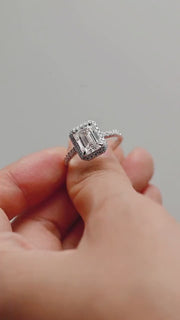 3.0 CT Emerald Cut Halo & Pave Moissanite Engagement Ring