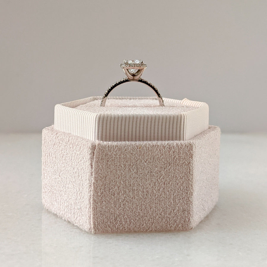 Radiant cut lab grown diamond engagement ring with halo and pavé setting, crafted in polished gold band