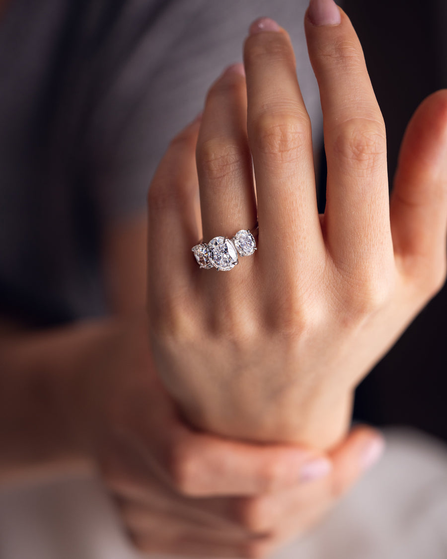 3.0 CT Oval Cut Three Stone Moissanite Engagement Ring - Barbara Maison 