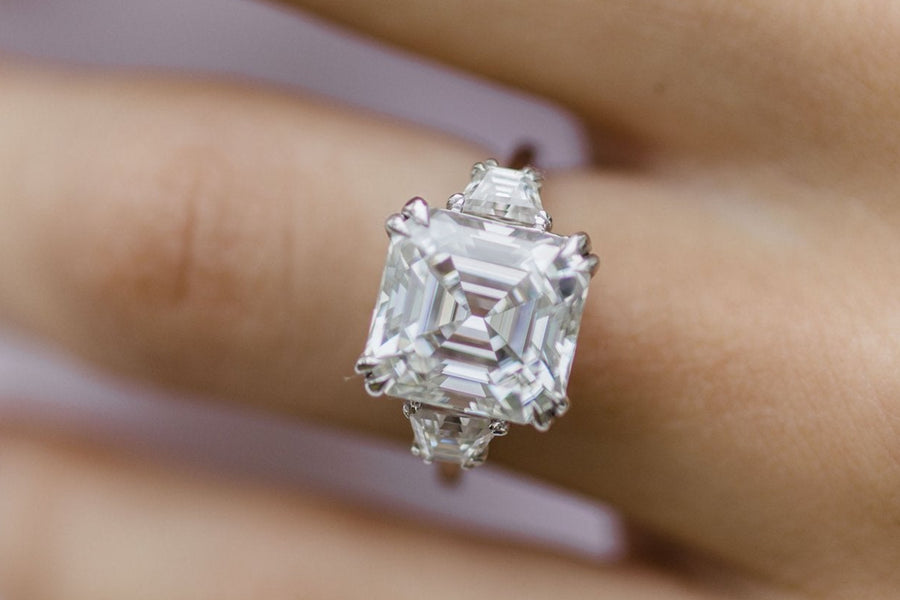 4.10 CT Asscher Three Stone Moissanite Engagement Ring - Barbara Maison 
