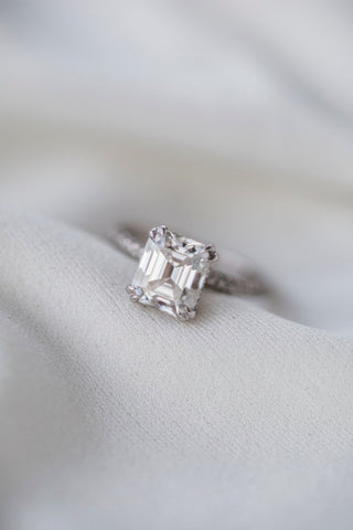 2.30 CT Asscher Solitaire Hidden Halo & Pave Moissanite Engagement Ring - Barbara Maison 