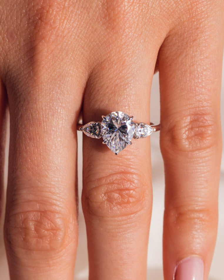3.09 CT Pear Cut Three Stone Moissanite Engagement Ring - Barbara Maison 