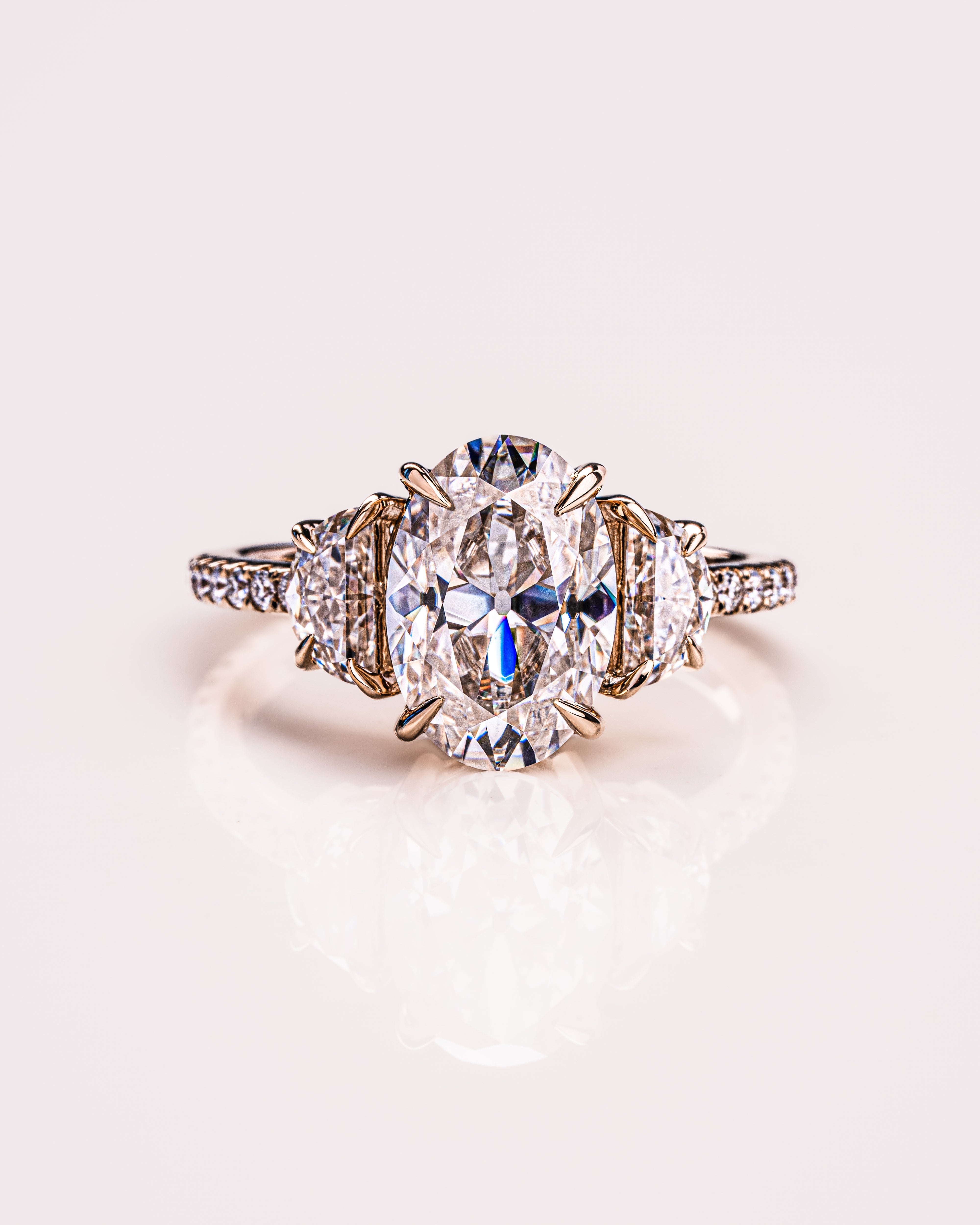 2.3 CT Oval Three Stone Pave Moissanite Engagement Ring - Barbara Maison 