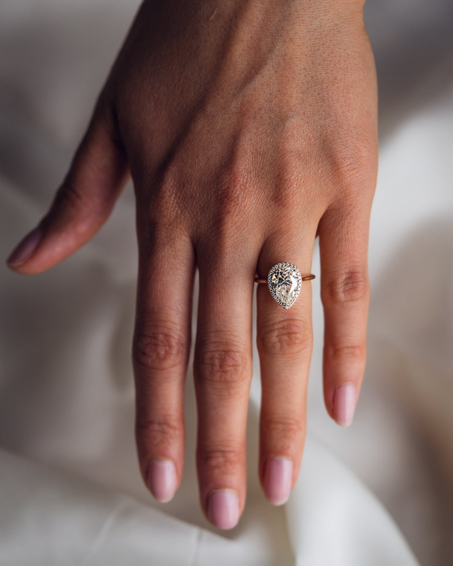 3.09 CT Pear Cut Halo Moissanite Engagement Ring - Barbara Maison 