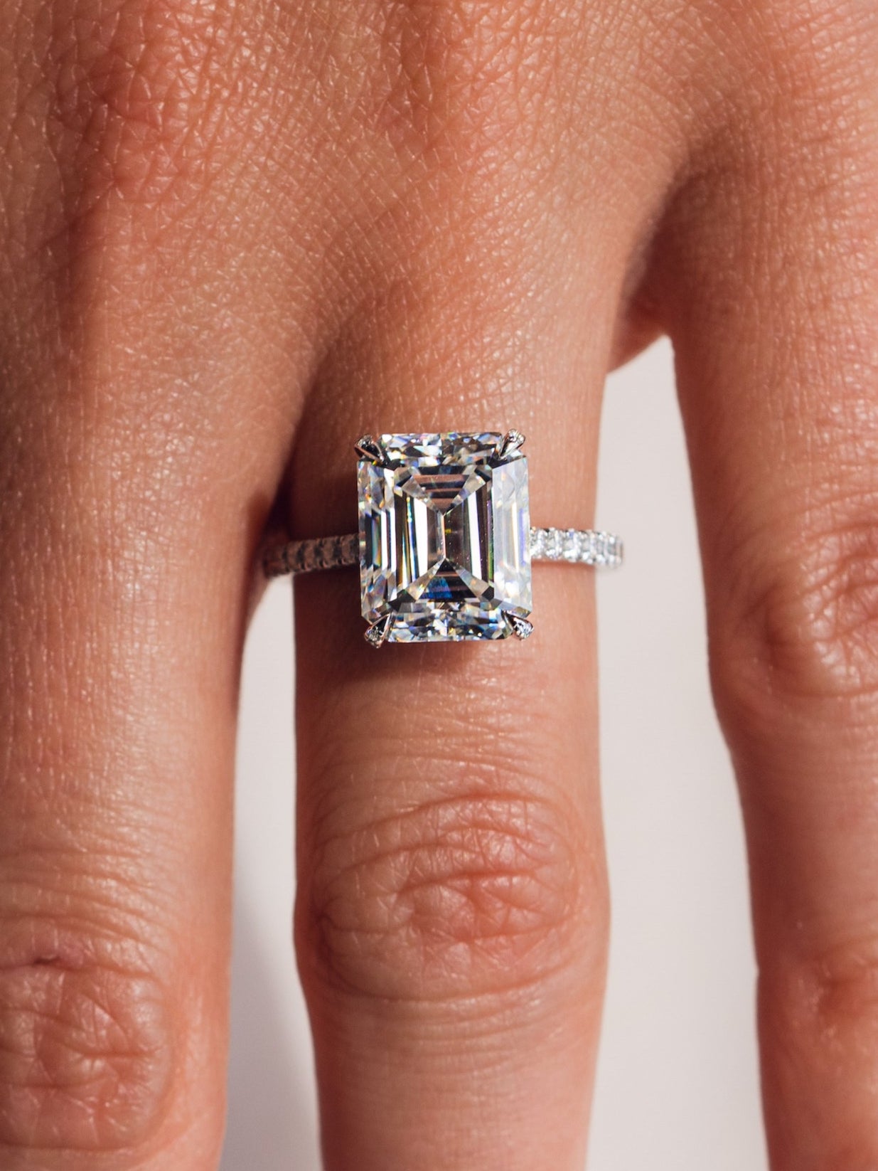 3.42 CT Emerald Cut Solitaire Moissanite Engagement Ring With Hidden Halo Setting - Barbara Maison 