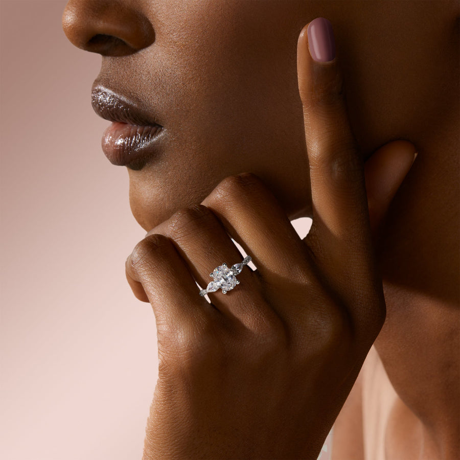 2.10 CT Oval Cut 3 Stone Moissanite Engagement Ring - Barbara Maison 