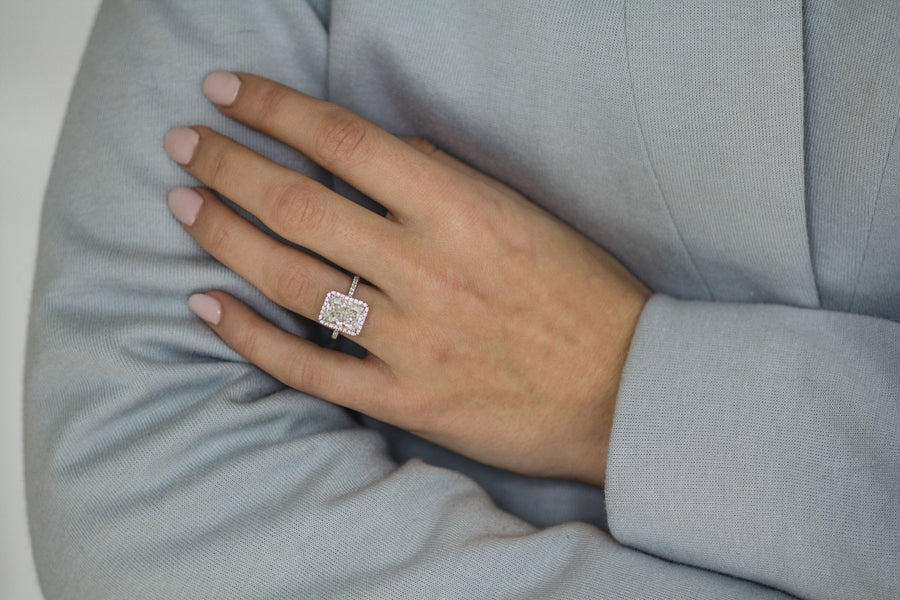 3.50 CT Crushed Ice Radiant Halo & Pave Moissanite Engagement Ring - Barbara Maison 