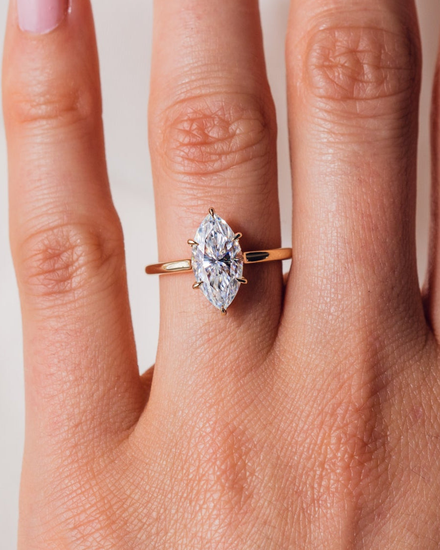 0.90 CT Marquise Cut Solitaire Moissanite Engagement Ring With Hidden Halo Setting - Barbara Maison 