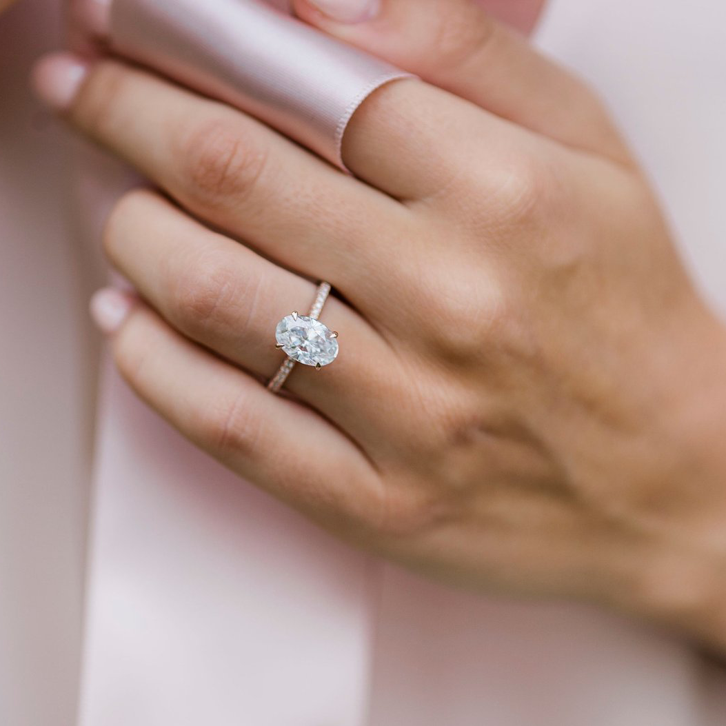 3.0 CT Oval Solitaire Hidden Halo & Pave Moissanite Engagement Ring - Barbara Maison 