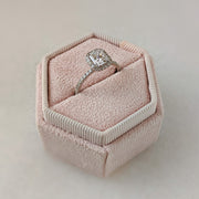 Radiant cut lab grown diamond engagement ring with halo and pavé setting, crafted in polished gold band