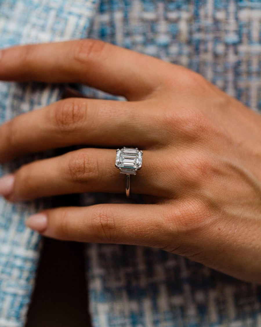 2.60 CT Emerald Three Stone Moissanite Engagement Ring - Barbara Maison 