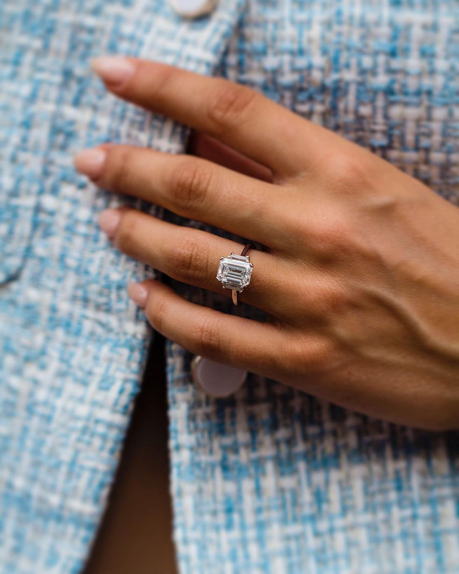 2.60 CT Emerald Three Stone Moissanite Engagement Ring - Barbara Maison 