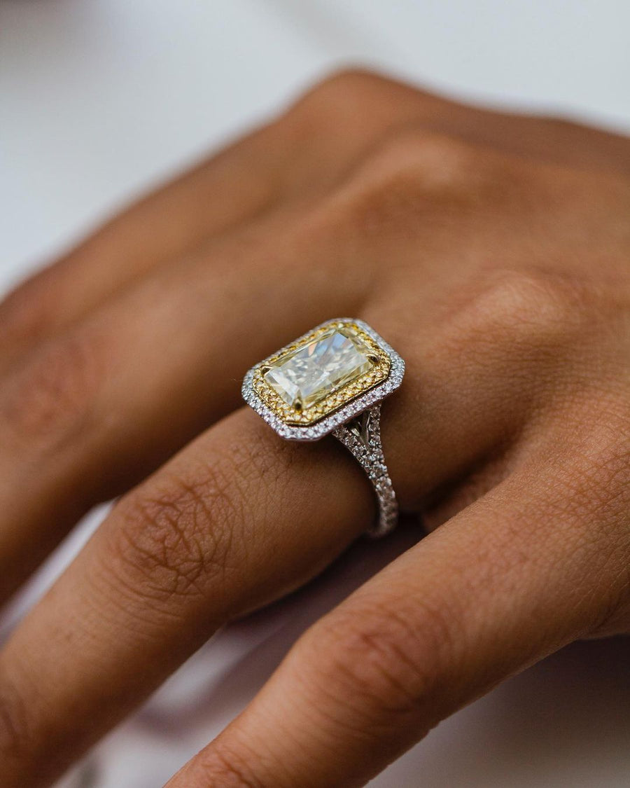 3.55 CT Canary Crushed Ice Radiant Moissanite Engagement Ring - Barbara Maison 
