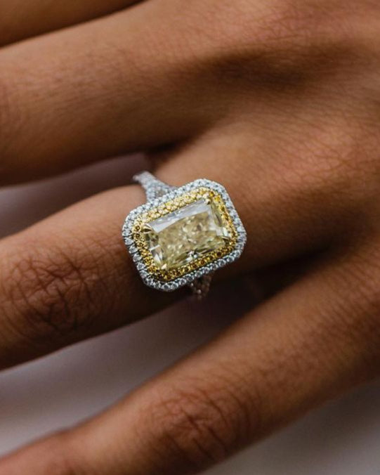 3.55 CT Canary Crushed Ice Radiant Moissanite Engagement Ring - Barbara Maison 