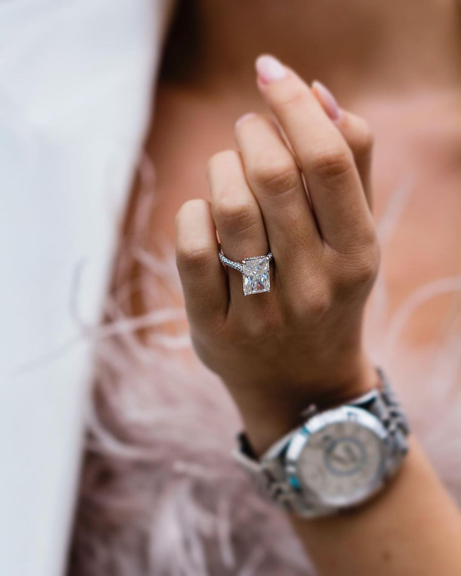 7.70 CT Radiant Three Side Pave Moissanite Engagement Ring - Barbara Maison 