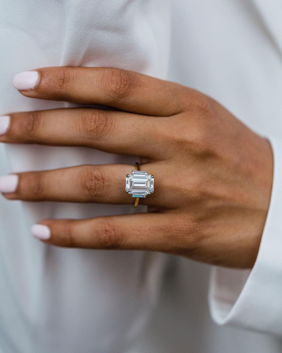 4.10 CT Emerald Three Stone Moissanite Engagement Ring - Barbara Maison 