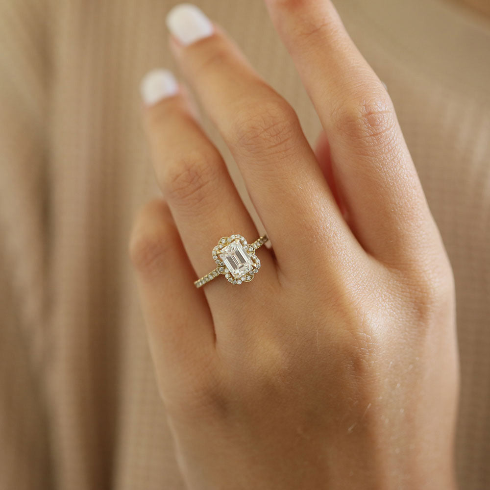 1.55 CT Emerald Halo Pave Moissanite Engagement Ring - Barbara Maison 