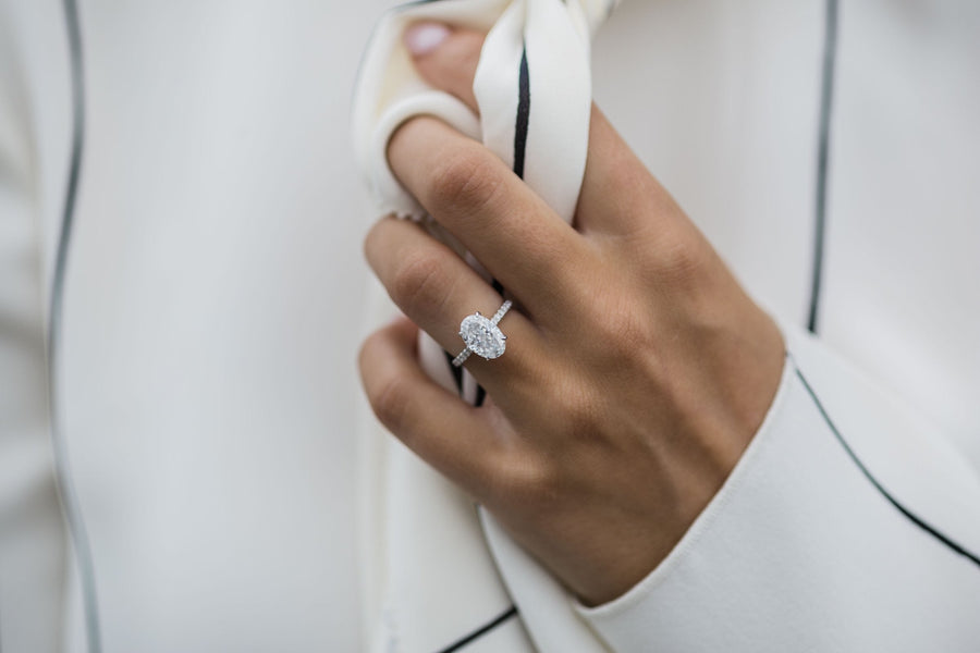 2.90 CT Oval Solitaire Hidden Halo & Pave Moissanite Engagement Ring - Barbara Maison 